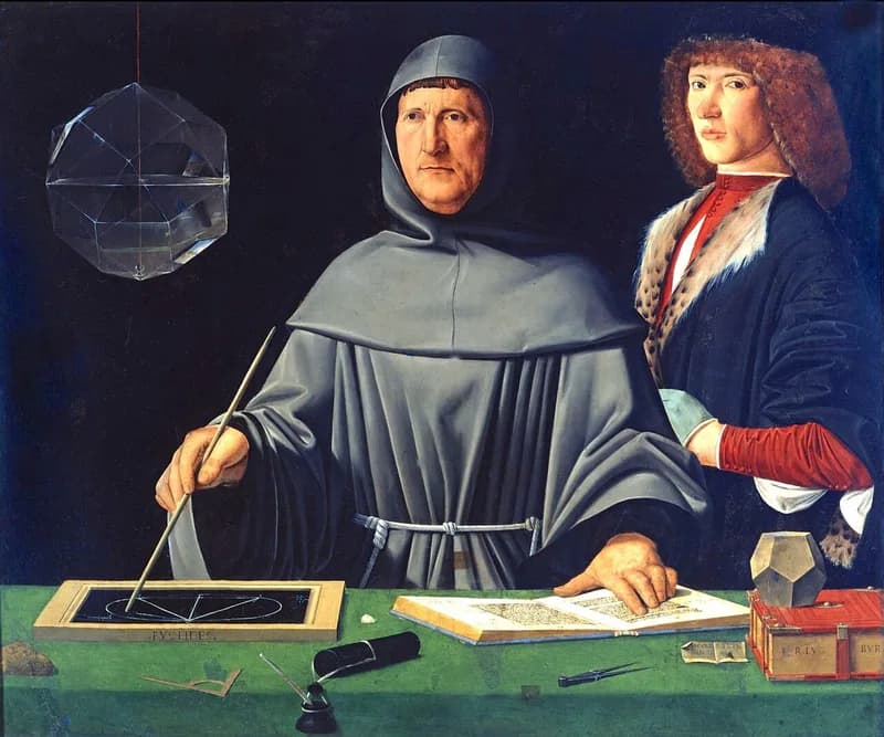 ルカ・パチョーリの肖像(Portrait of Luca Pacioli (1445–1517) with a student (Guidobaldo da Montefeltro?)・出典: Wikimedia Commons・Attributed to Jacopo de' Barbari・Public domain)