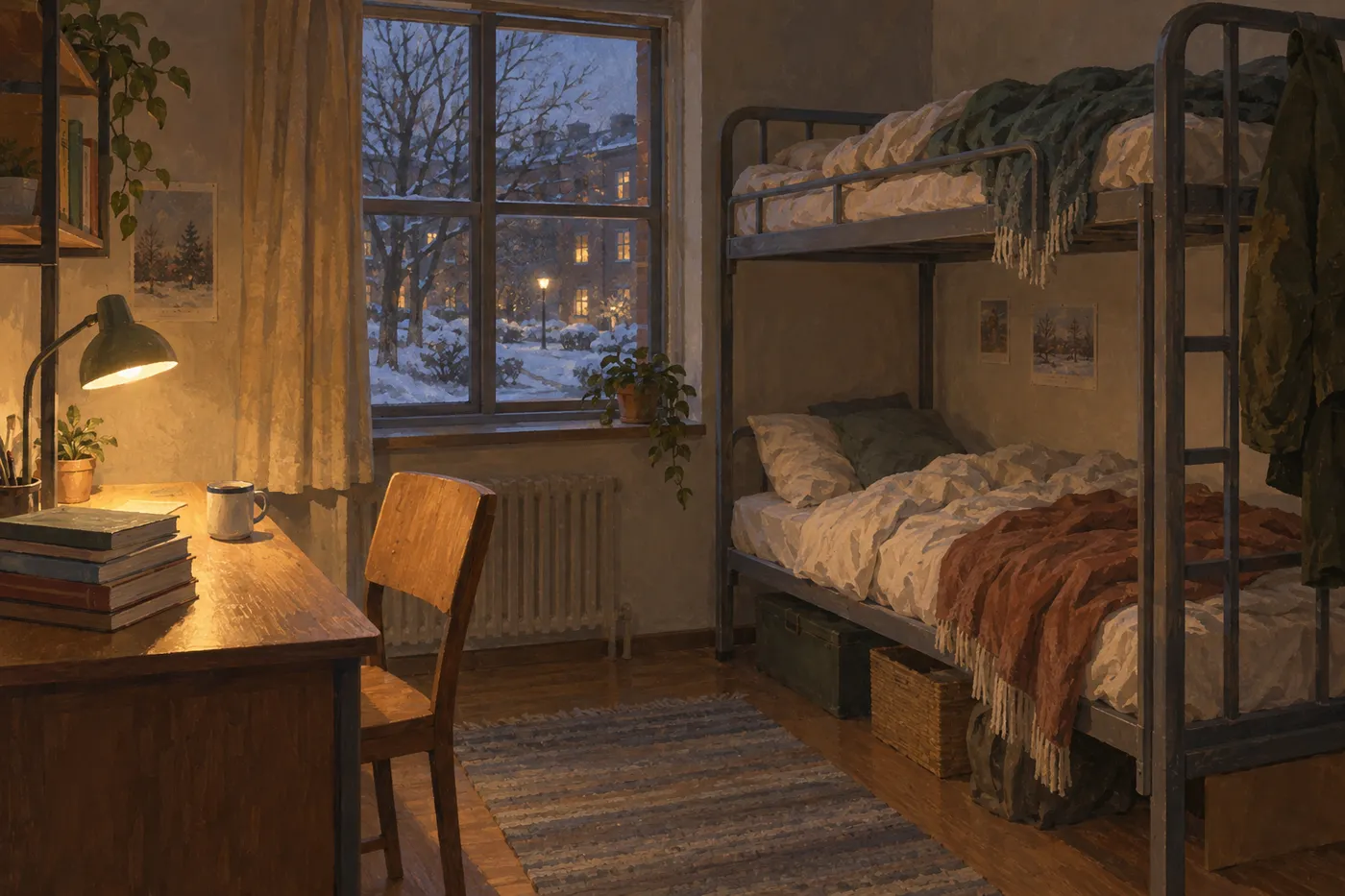 学生寮の小さな部屋に、金属の枠の二段ベッドと、本の積まれた机がある。人はいない(画像生成 AI で描いたイメージ)