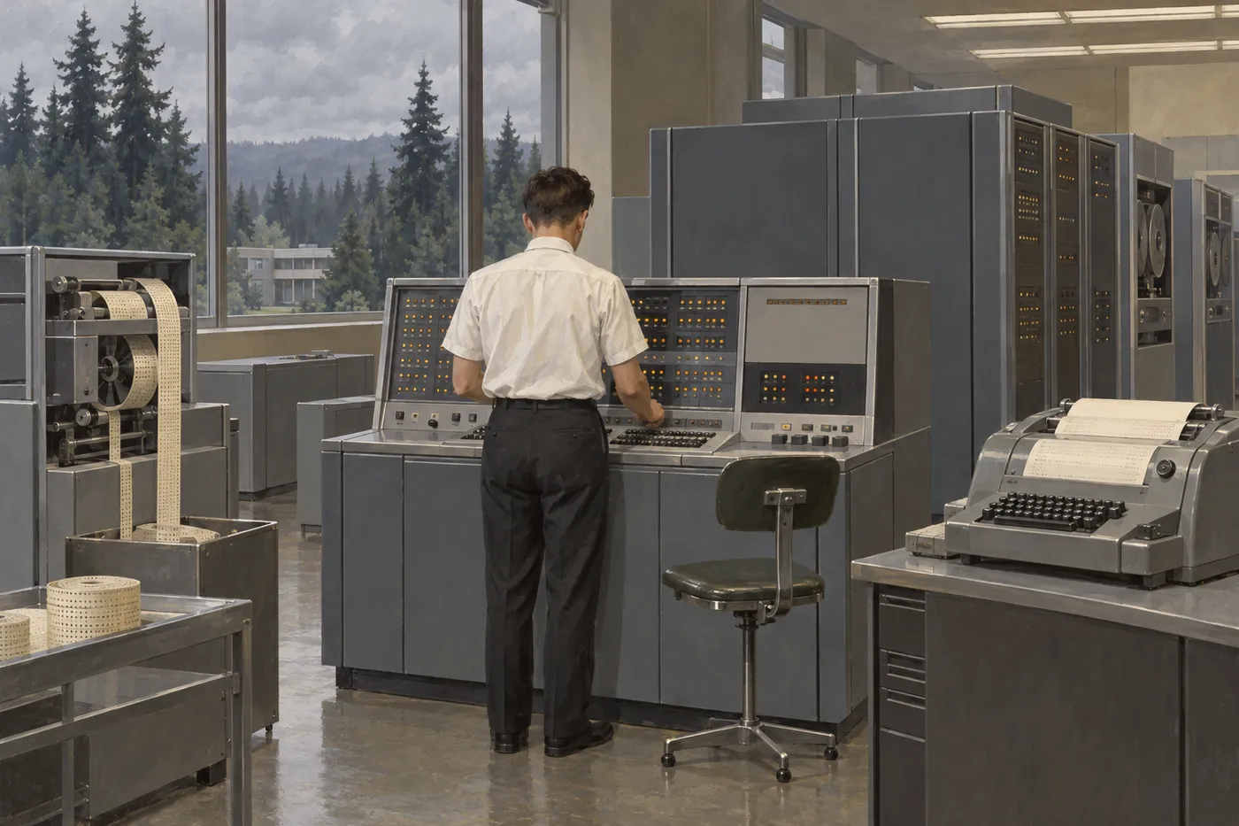 1960年代の研究所の計算機室で、大きな筐体と紙テープの読み取り機の前に立つ若い男性の後ろ姿(画像生成 AI で描いたイメージ)