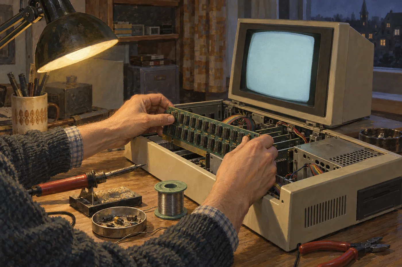 1980年代はじめの机の上で、ふたを開けたパソコンに、ICが並ぶ手作りの回路の板を差し込む手元(画像生成 AI で描いたイメージ)