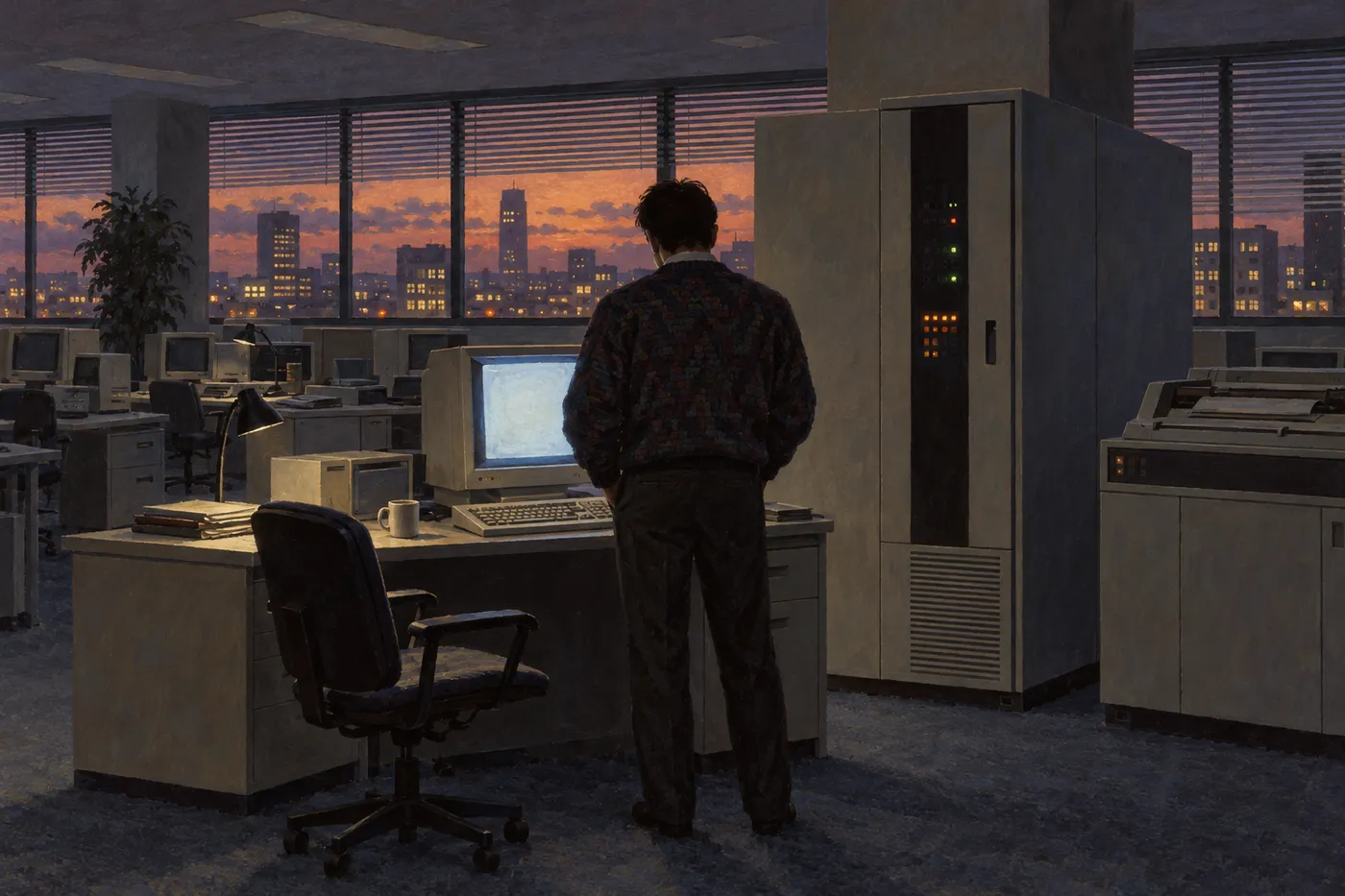 週末の夕方、人のいない会社の計算機室で、男性が光る画面の前に立つ後ろ姿(画像生成 AI で描いたイメージ)