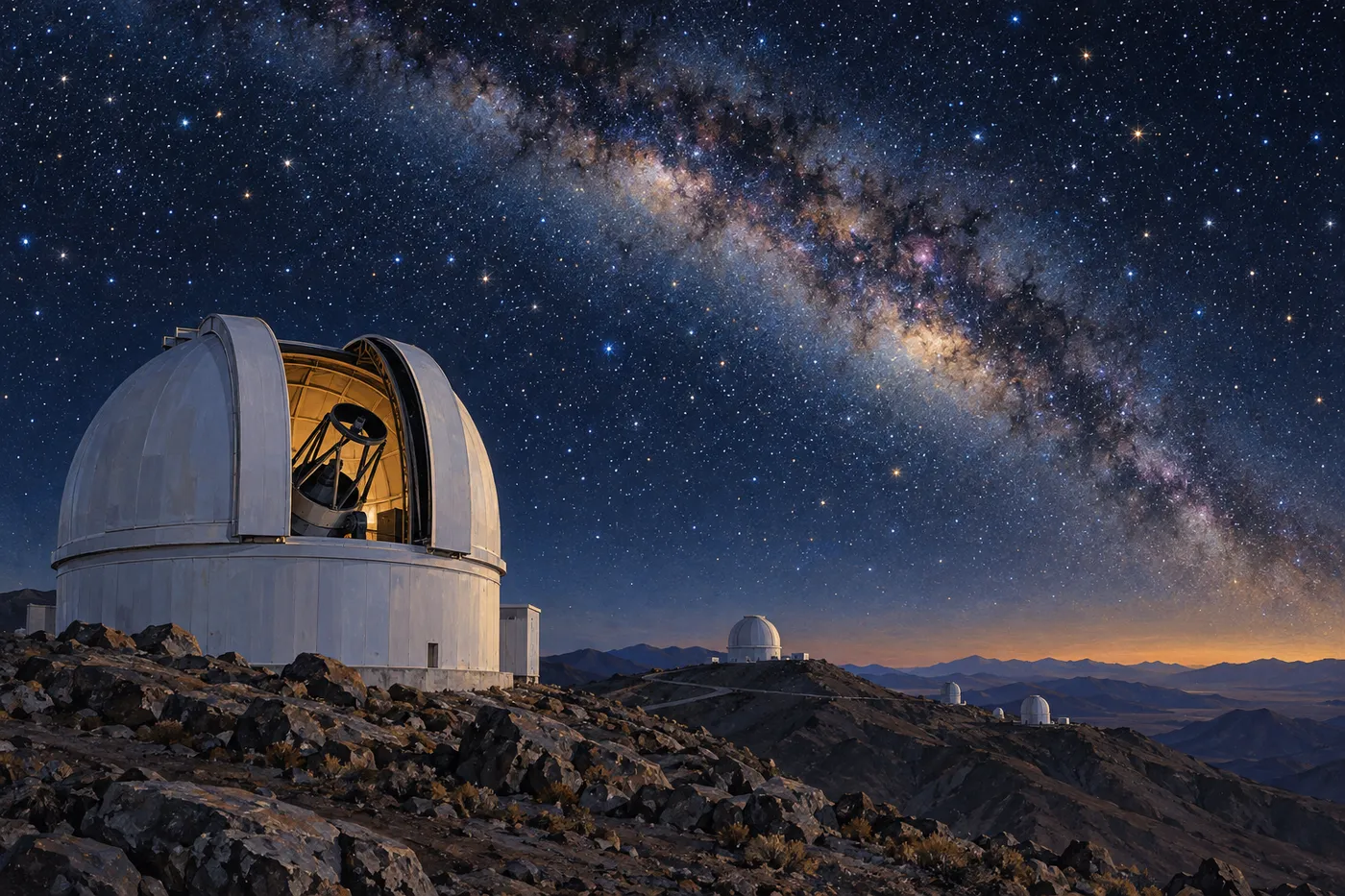 星の多い夜空の下、乾いた山の尾根に白いドームが立ち、開いたすき間から望遠鏡が空を向く(画像生成 AI で描いたイメージ)