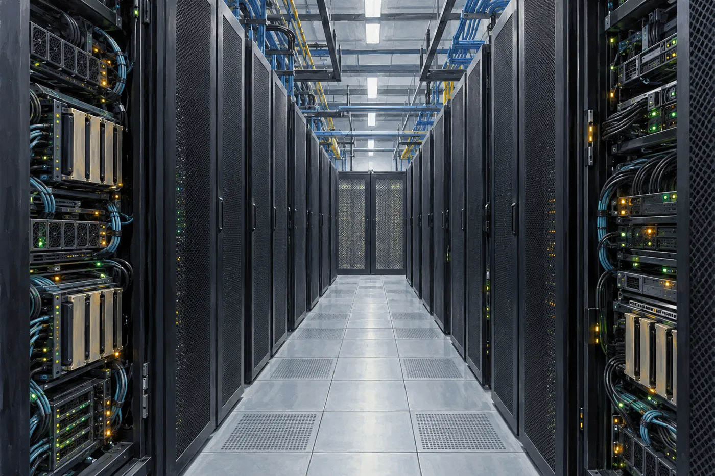 青白い光の計算機室に、計算用の板を収めた背の高い黒い棚が長く並んでいる(画像生成 AI で描いたイメージ)