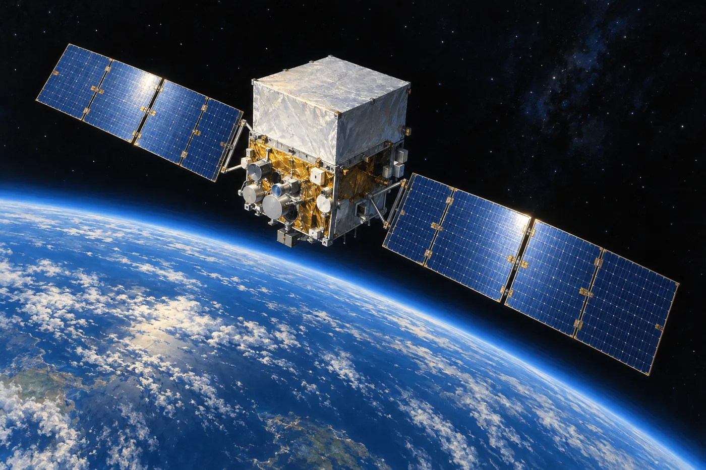 青い地球の上の暗い宇宙に、四角い本体と2枚の大きな太陽電池の翼をもつ人工衛星が浮かぶ(画像生成 AI で描いたイメージ)