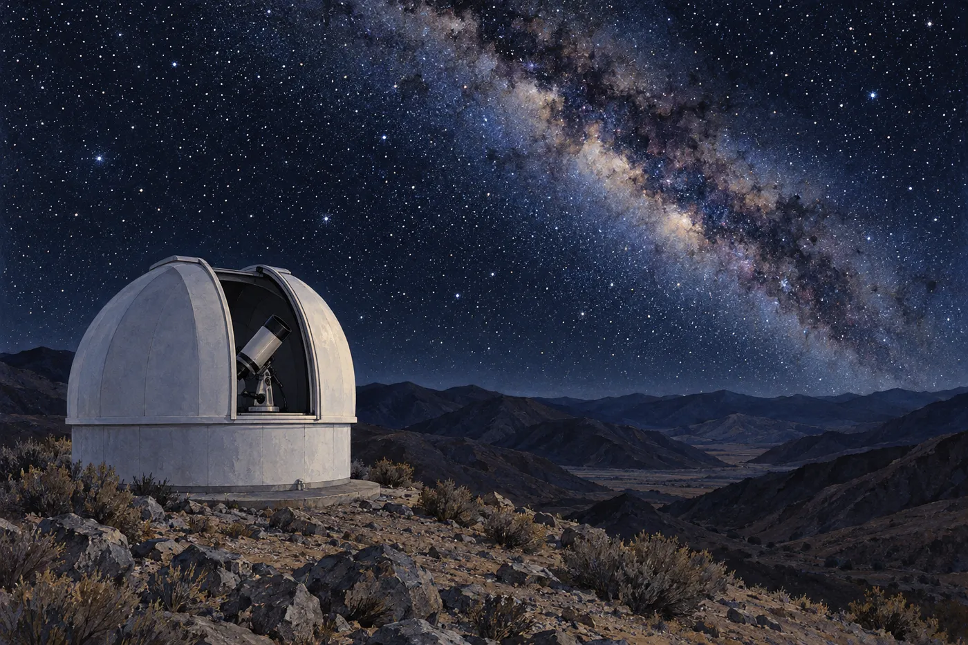 乾いた丘の上で、小さな白いドームがスリットを開け、天の川の下で夜空に向いている(画像生成 AI で描いたイメージ)