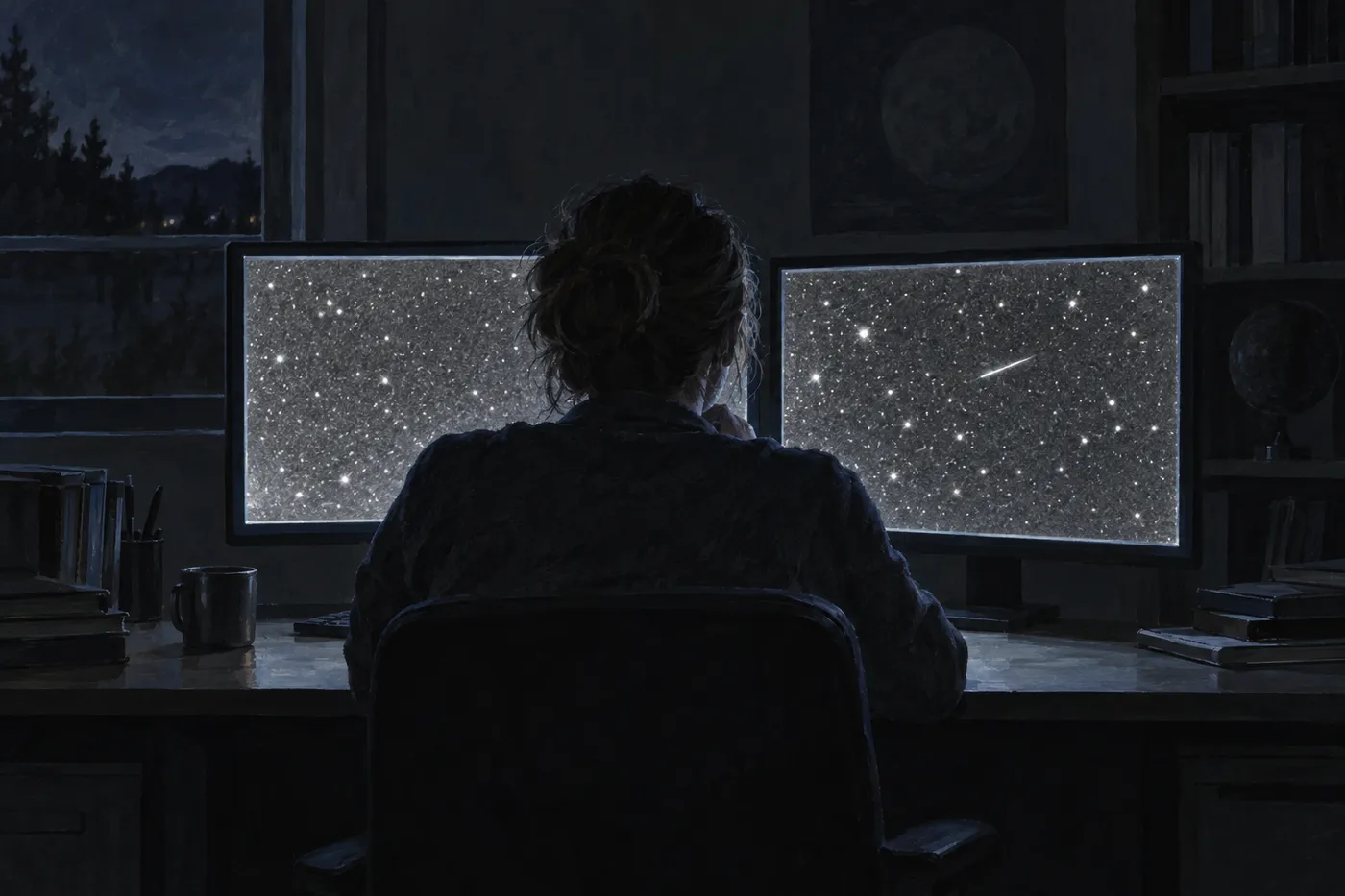 暗い部屋で、星空の写真を映した 2 台の画面に向かう人を、後ろから描く(画像生成 AI で描いたイメージ)