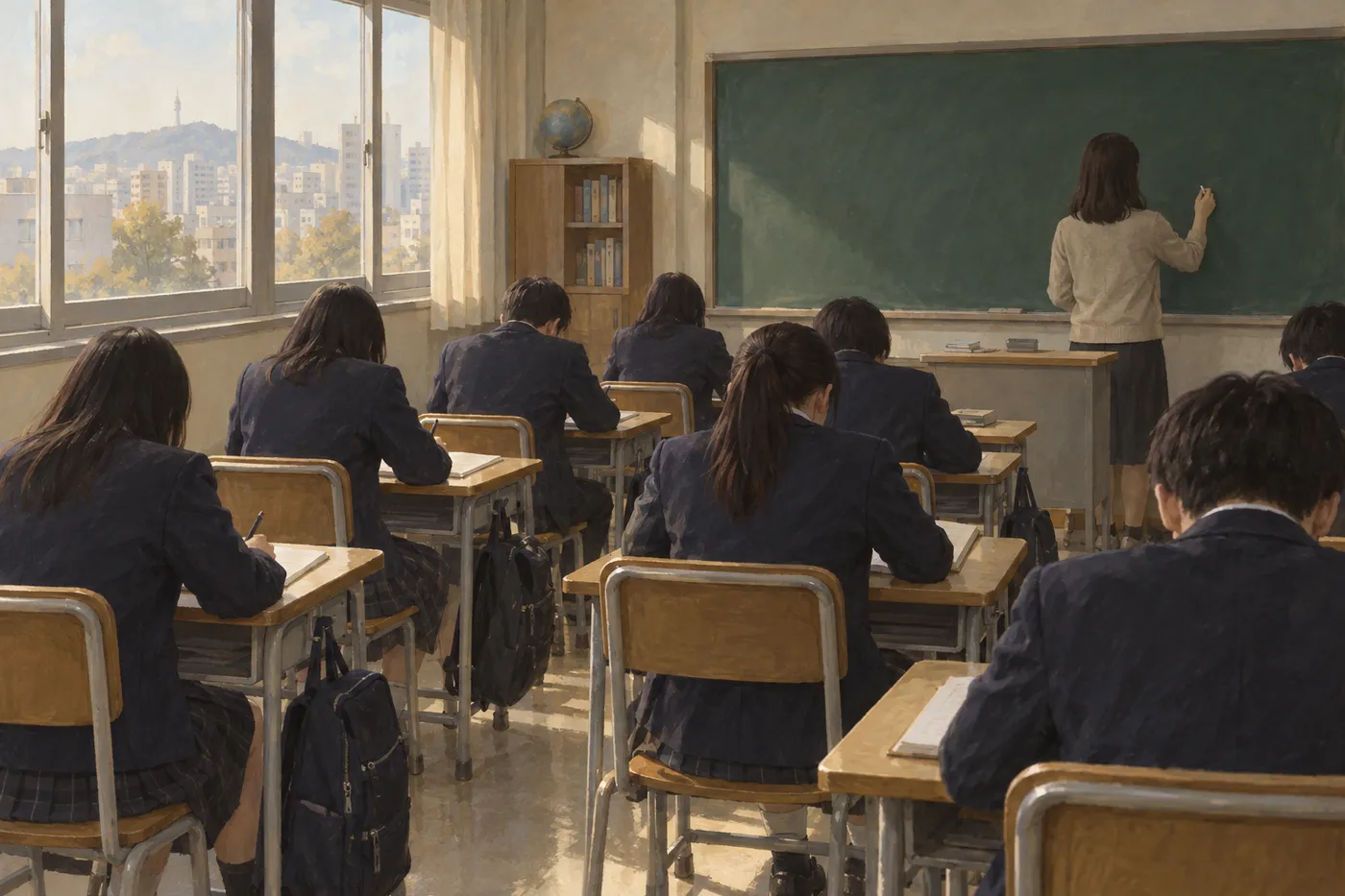 午後の教室で、黒板の前に立つ教師と、ノートに向かう生徒たちの後ろ姿(画像生成 AI で描いたイメージ)