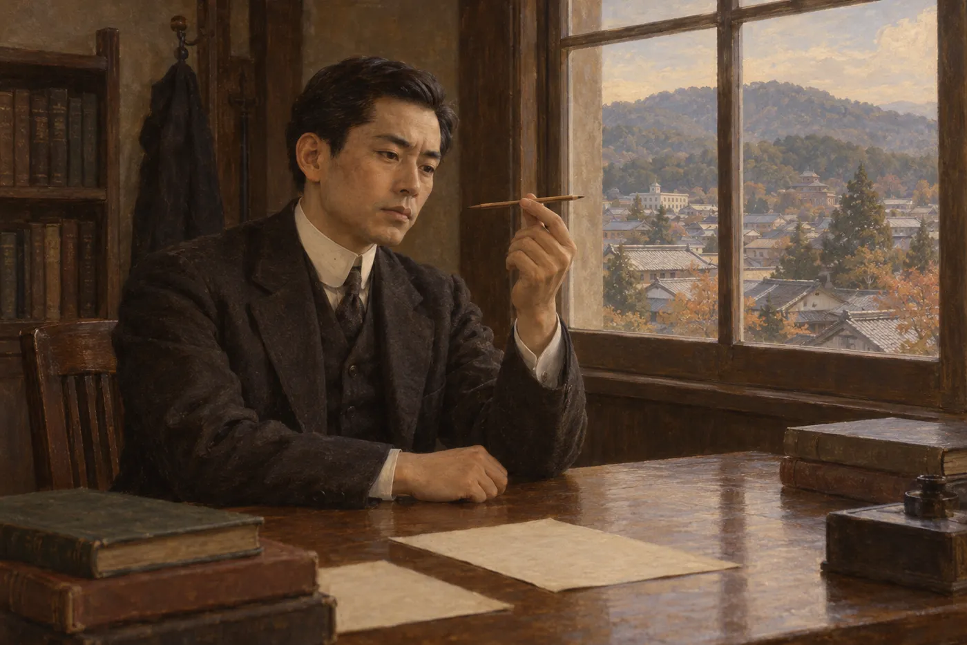 大正時代の大学の研究室で、洋装の若い日本人の男性が机に向かい、細長い鉛筆を指でつまんで見つめている。窓の外に瓦屋根の町並みが見える(画像生成 AI で描いたイメージ)