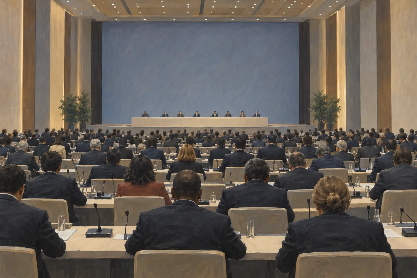 広い会議場に各国の代表が何列にも並んで座り、正面の壇上に長い机がある。人物は後ろ姿と遠景だけ(画像生成 AI で描いたイメージ)
