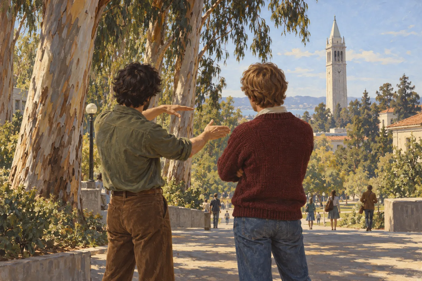 1970 年ごろの大学のキャンパスで、若い 2 人の男性が後ろ姿で話し、一人が両手で長い家具の形をなぞる。遠くに時計塔が見える(画像生成 AI で描いたイメージ)