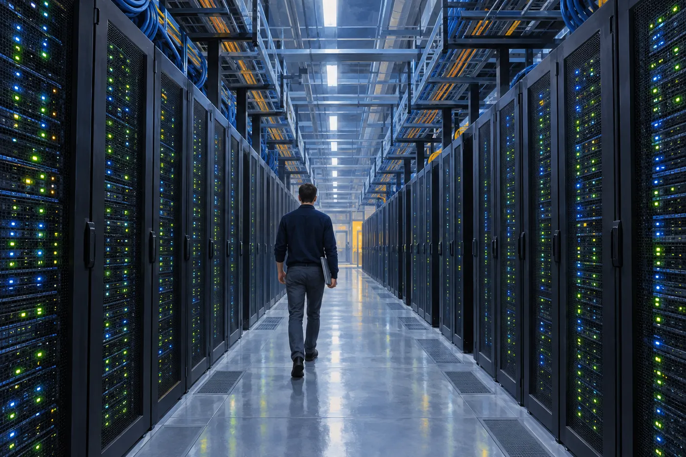 背の高い黒い計算機の棚が奥まで並ぶ通路を、ノートパソコンを抱えた技術者がひとり後ろ姿で歩いていく(画像生成 AI で描いたイメージ)