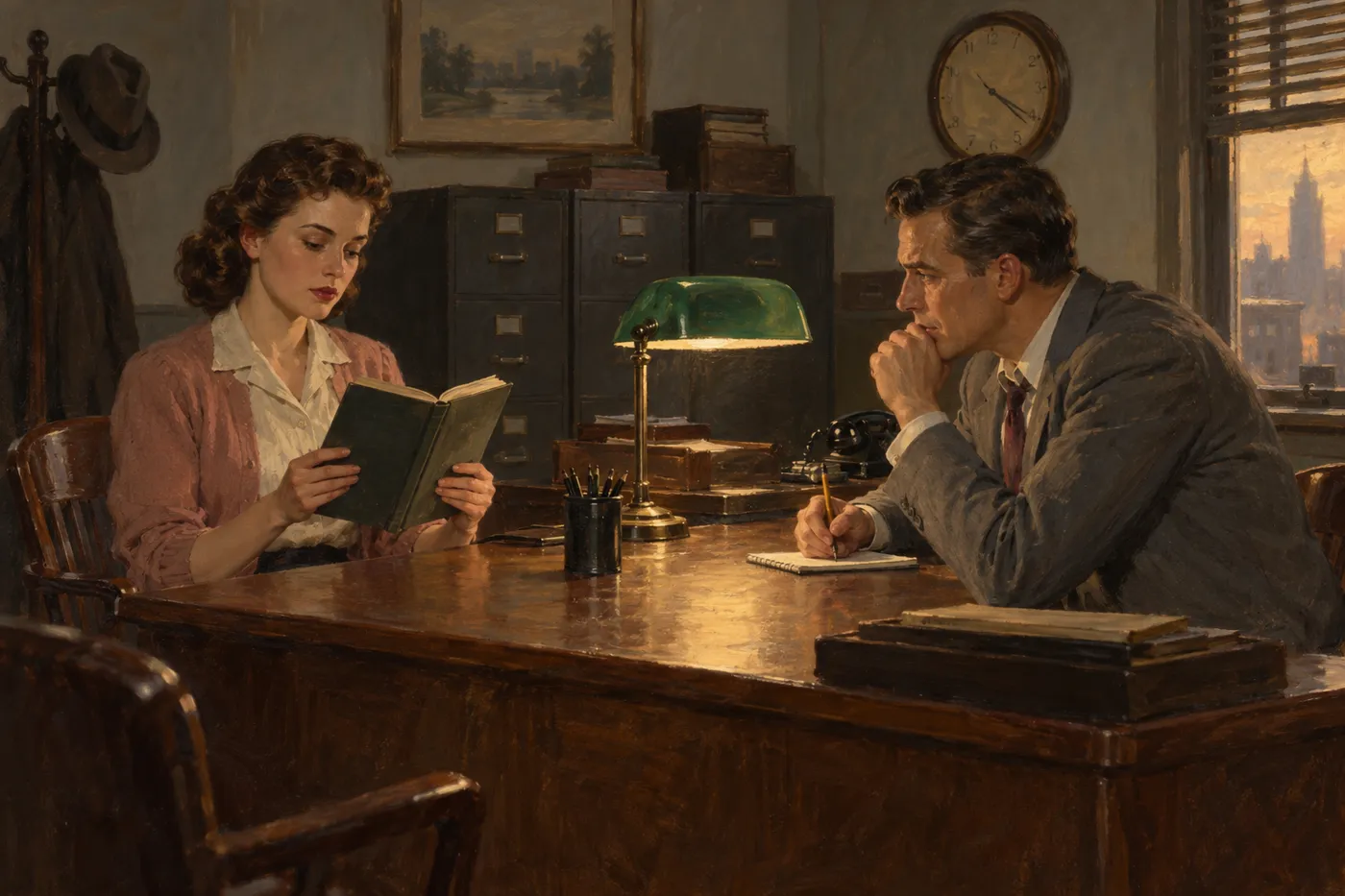 1950 年ごろの事務室。机をはさんで、女性が開いた本を自分の側へ立てて持ち、向かいの男性が鉛筆を手に考え込んでいる(画像生成 AI で描いたイメージ)