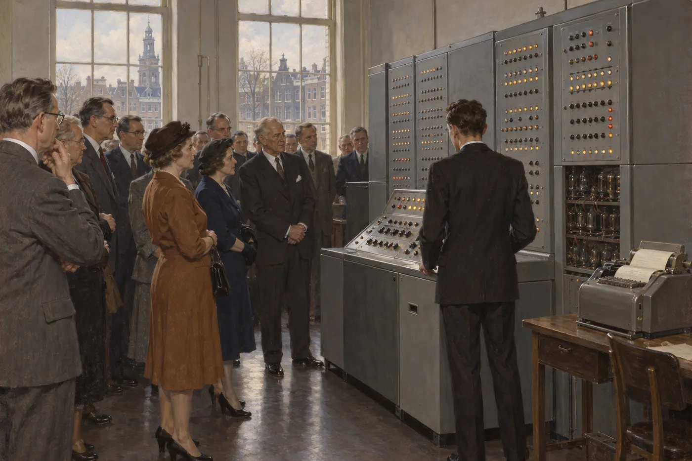1950年代の計算機室で、灰色の金属の筐体が並び、正装の来客が集まって見ている(画像生成 AI で描いたイメージ)
