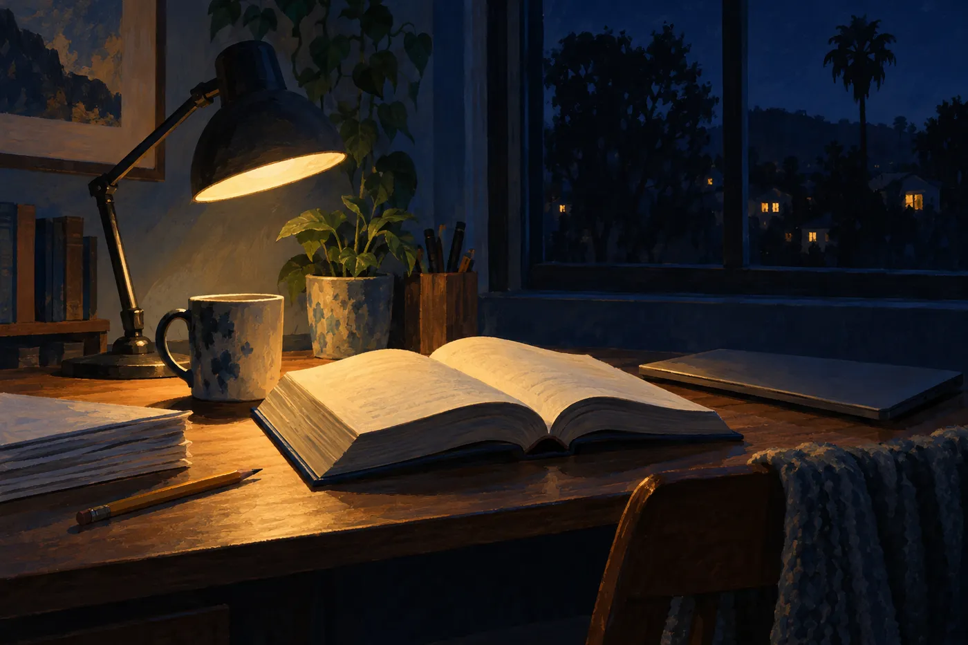 夜の机に、閉じたノートパソコンと開いた厚い教科書、鉛筆とメモの束が置かれている(画像生成 AI で描いたイメージ)